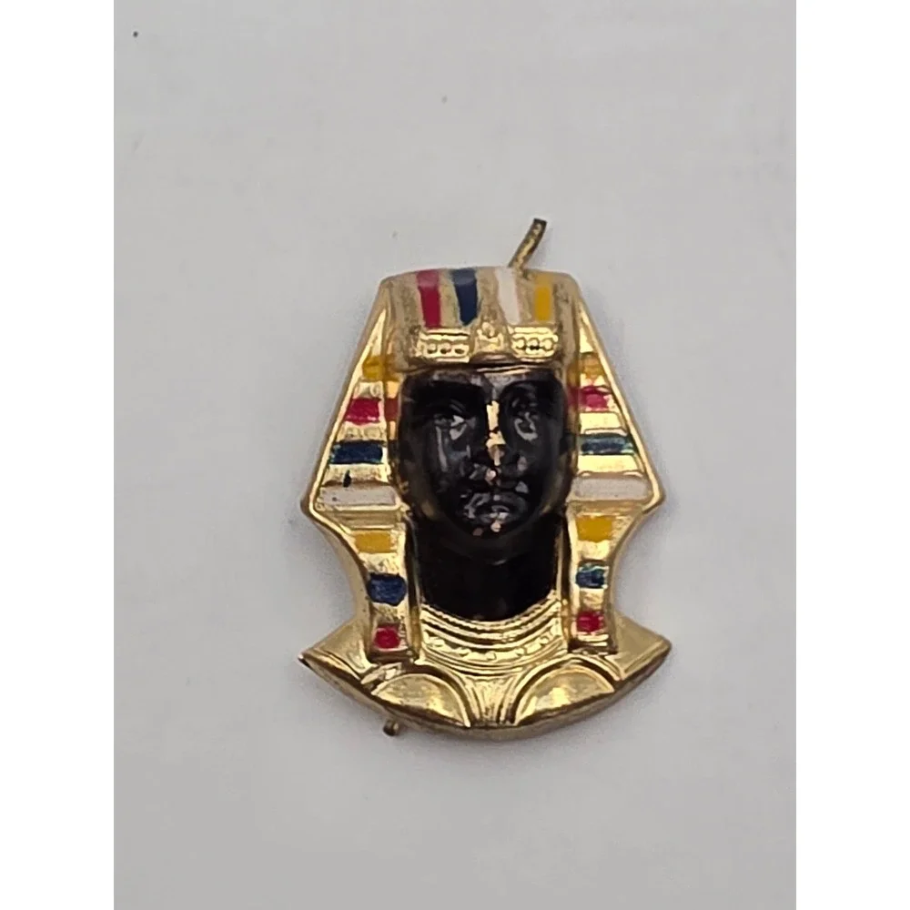 Vintage Egyptian Pharaoh King Tut Brooch Gold Tone Enamel Pin Revival Jewelry